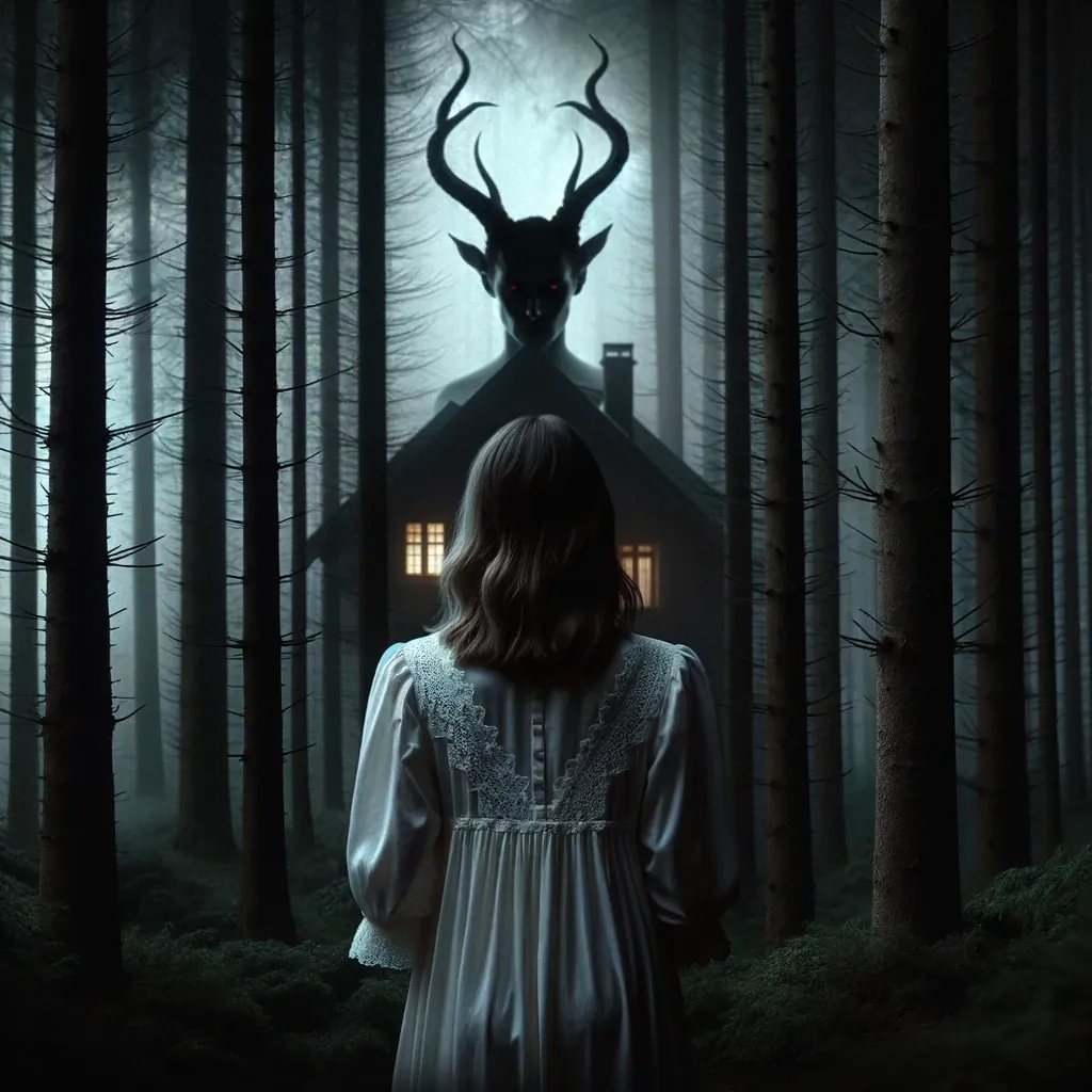 La saga de Alarcea 12 Mujer de blanco de espaldas ante un bosque oscuro donde se adivina una figura con cornamenta