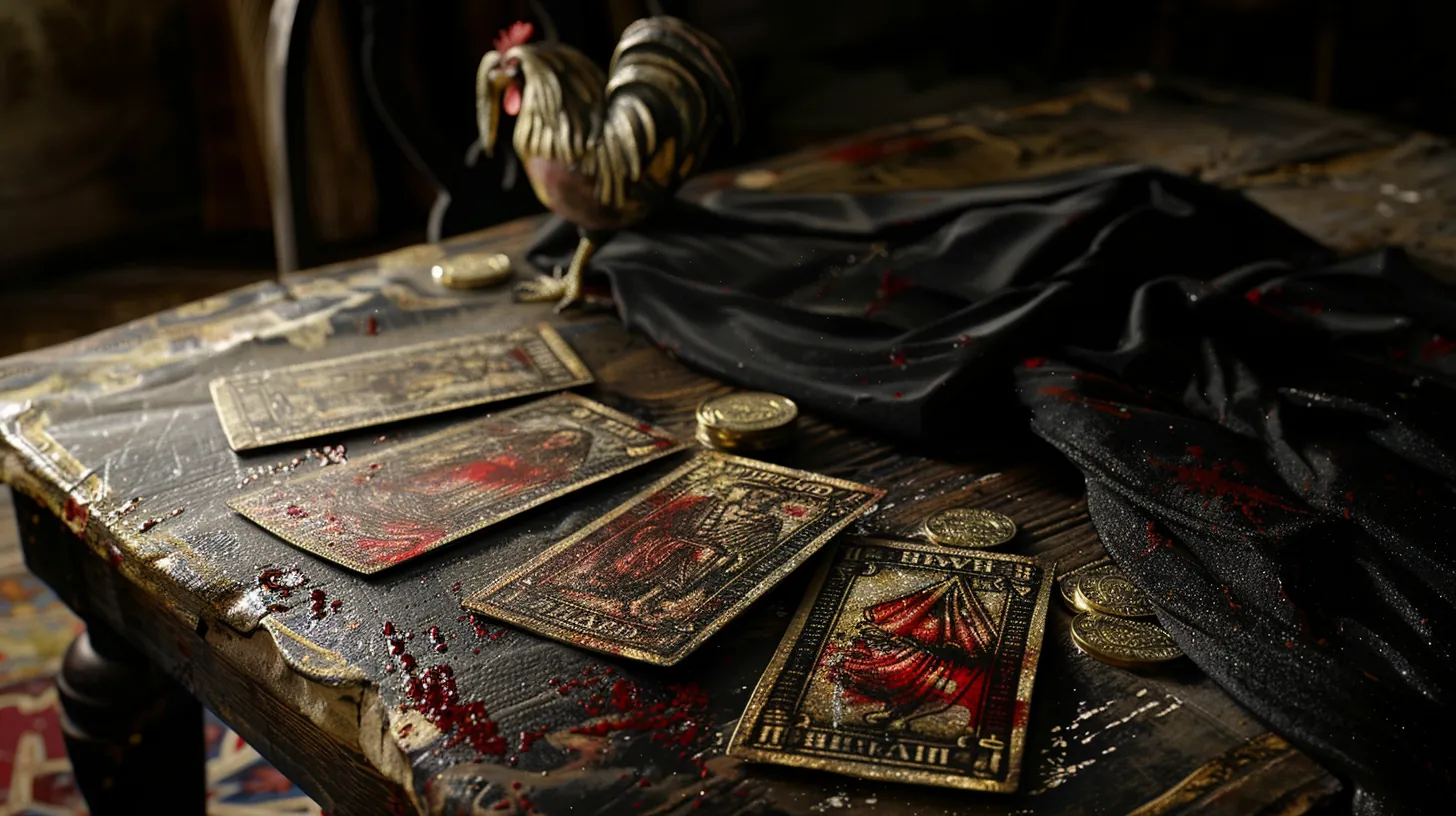 La saga de Alarcea 3 Mesa de tarot con doblones antiguos y un gallo negro al fondo