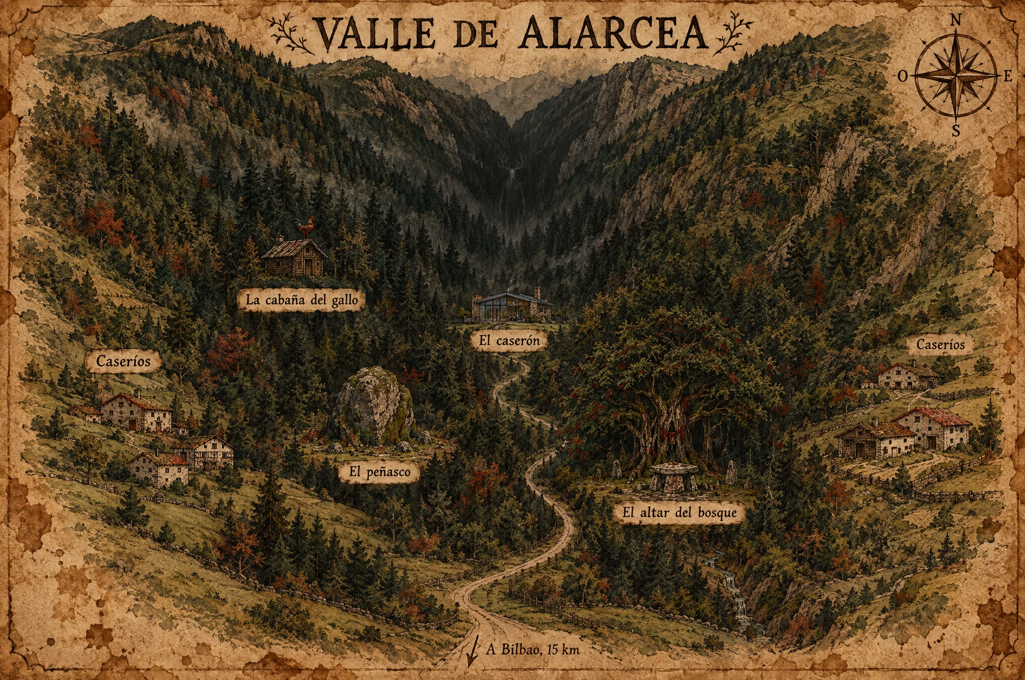 La saga de Alarcea 7 Mapa ilustrado del valle de Alarcea con el caserón, la cabaña del gallo, el peñasco, el altar del bosque y los caseríos