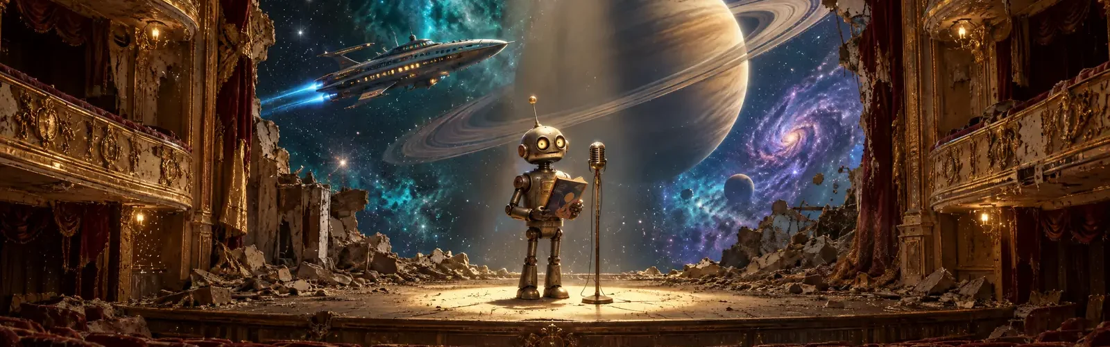 Audiorrelatos de ciencia ficción: Asimov, Clarke, Le Guin y más 1 Teatro abandonado cuyo escenario se abre al espacio con un planeta con anillos, una nave y un pequeño robot junto a un micrófono