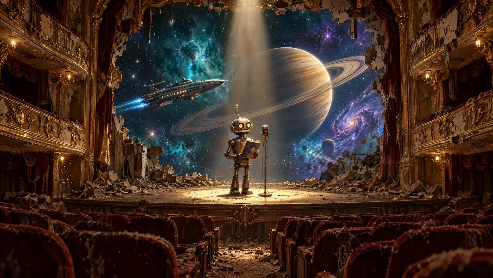Audiorrelatos de ciencia ficción: Asimov, Clarke, Le Guin y más 2 Teatro abandonado cuyo escenario se abre al espacio con un planeta con anillos, una nave y un pequeño robot junto a un micrófono