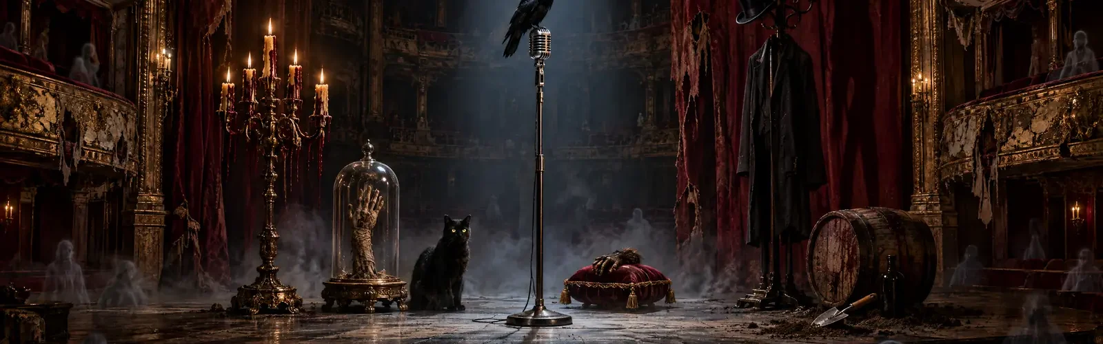 Audiorrelatos de terror dramatizados: de Poe a Stephen King 1 Escenario de un teatro abandonado con un micrófono antiguo, un cuervo, un gato negro, una mano bajo una campana de cristal y un traje negro colgado