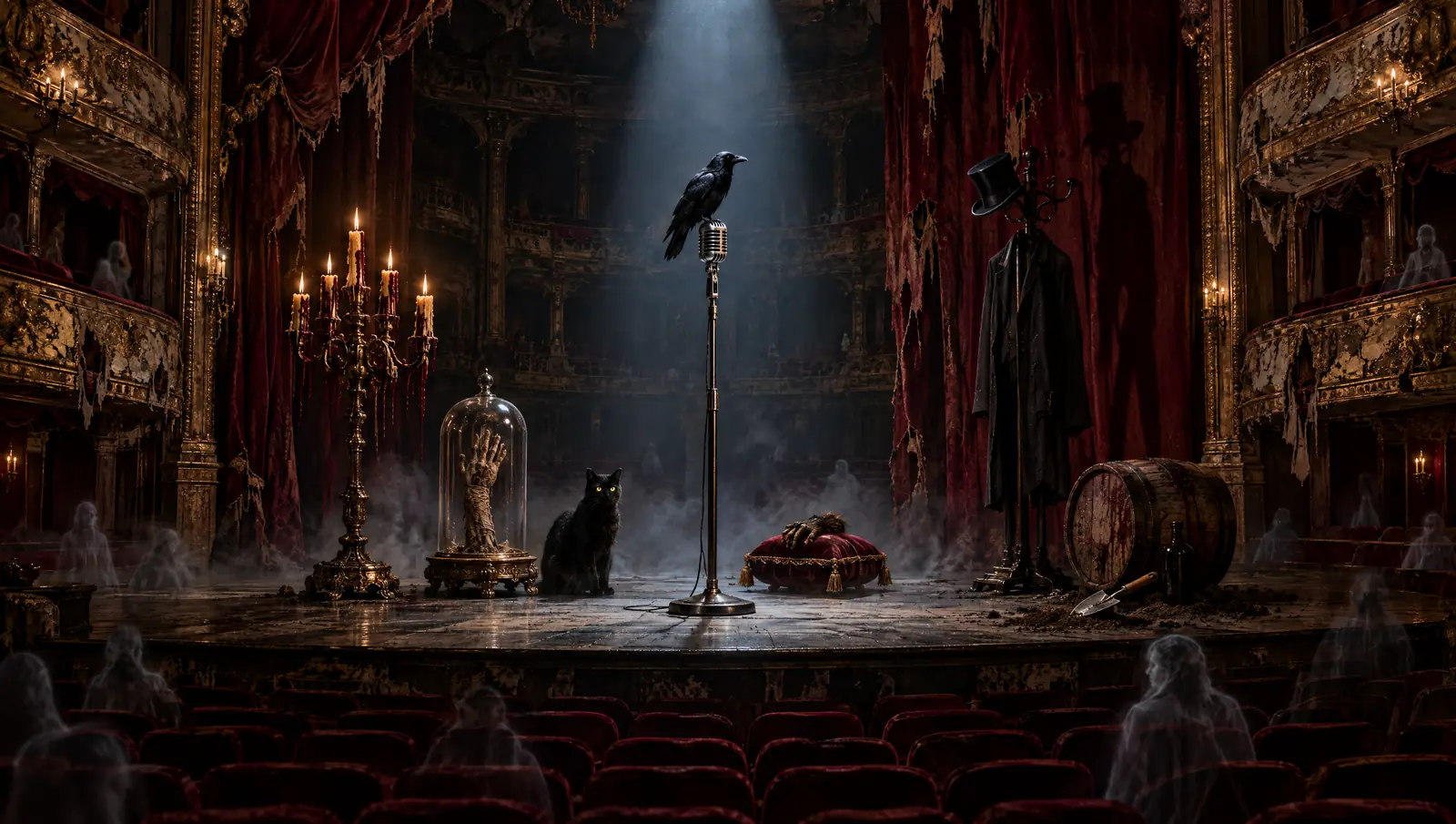 Audiorrelatos de terror dramatizados: de Poe a Stephen King 2 Escenario de un teatro abandonado con un micrófono antiguo, un cuervo, un gato negro, una mano bajo una campana de cristal y un traje negro colgado