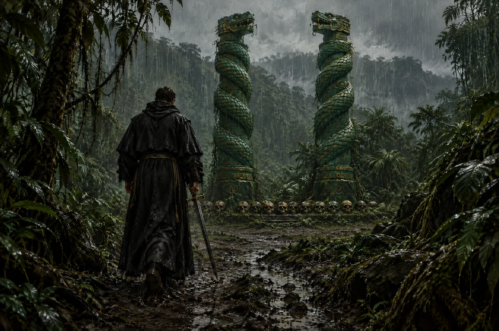 El camino de Jade 2 Un claro de selva bajo una lluvia densa con dos columnas de jade labradas como serpientes y calaveras al pie; una silueta de fraile con espada se acerca de espaldas por un sendero de barro.