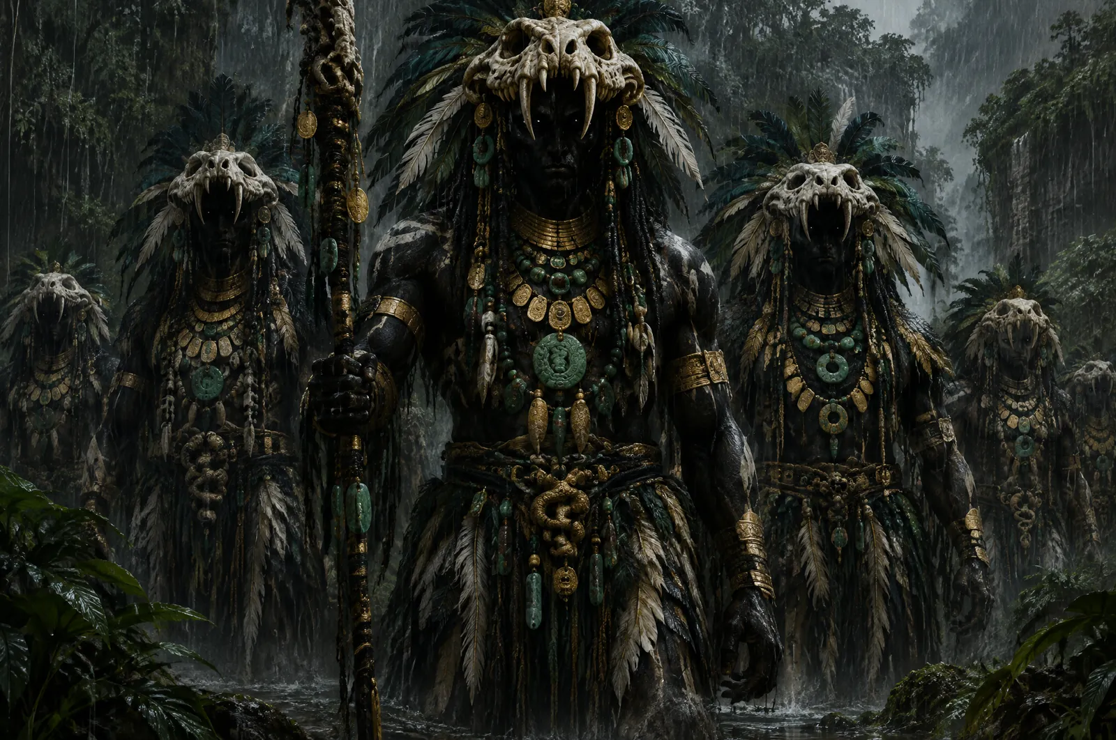 El camino de Jade 6 Figuras gigantescas y oscuras con cascos de calavera de serpiente, plumas y collares de oro y jade avanzan bajo la lluvia en la selva, con los ojos negros como la brea.