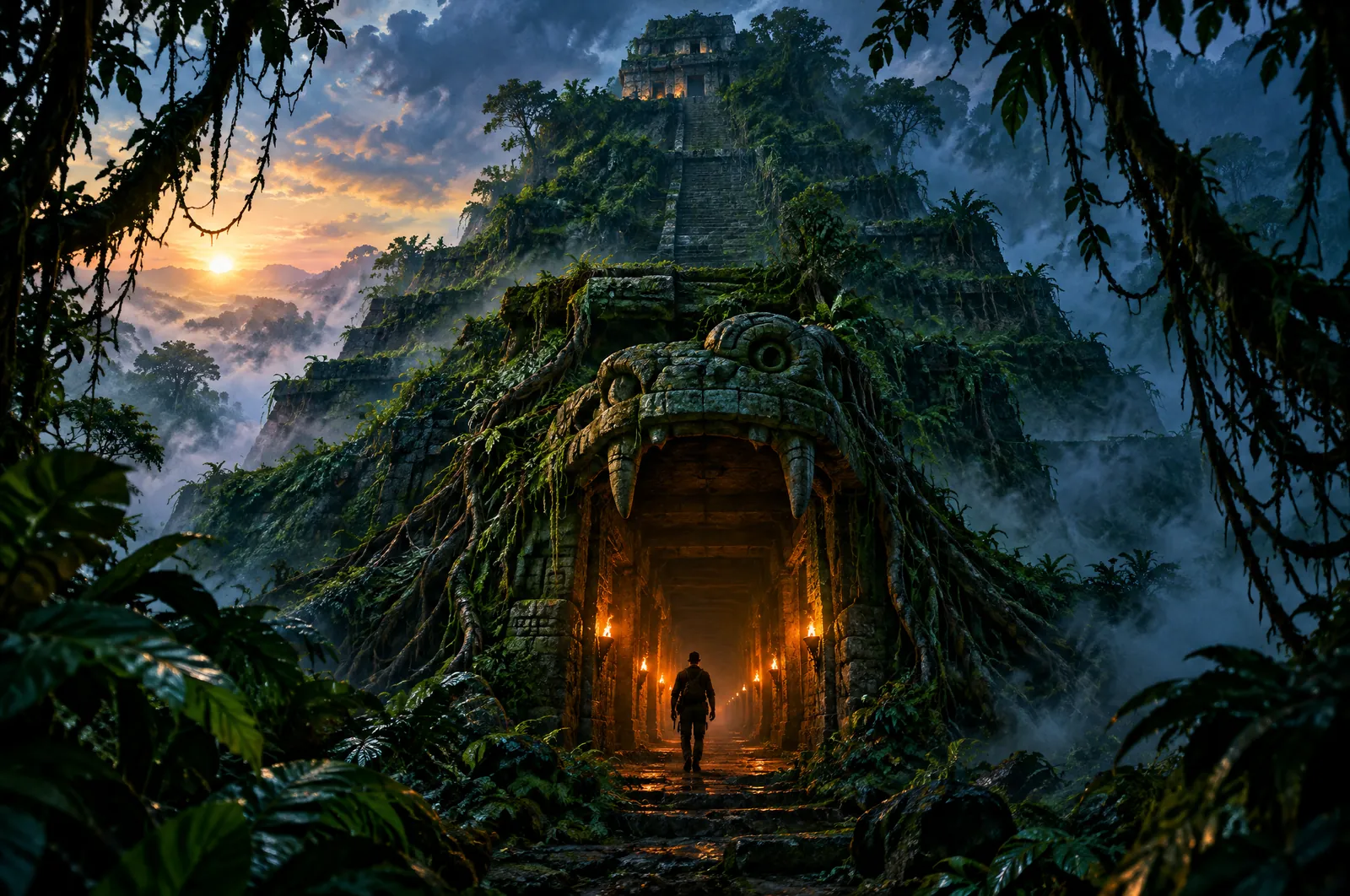 El camino de Jade 7 Una pirámide escalonada devorada por la jungla vista al amanecer, con una boca de piedra con forma de cabeza de serpiente que abre un corredor iluminado por antorchas; en él avanza la silueta de un hombre pequeño.