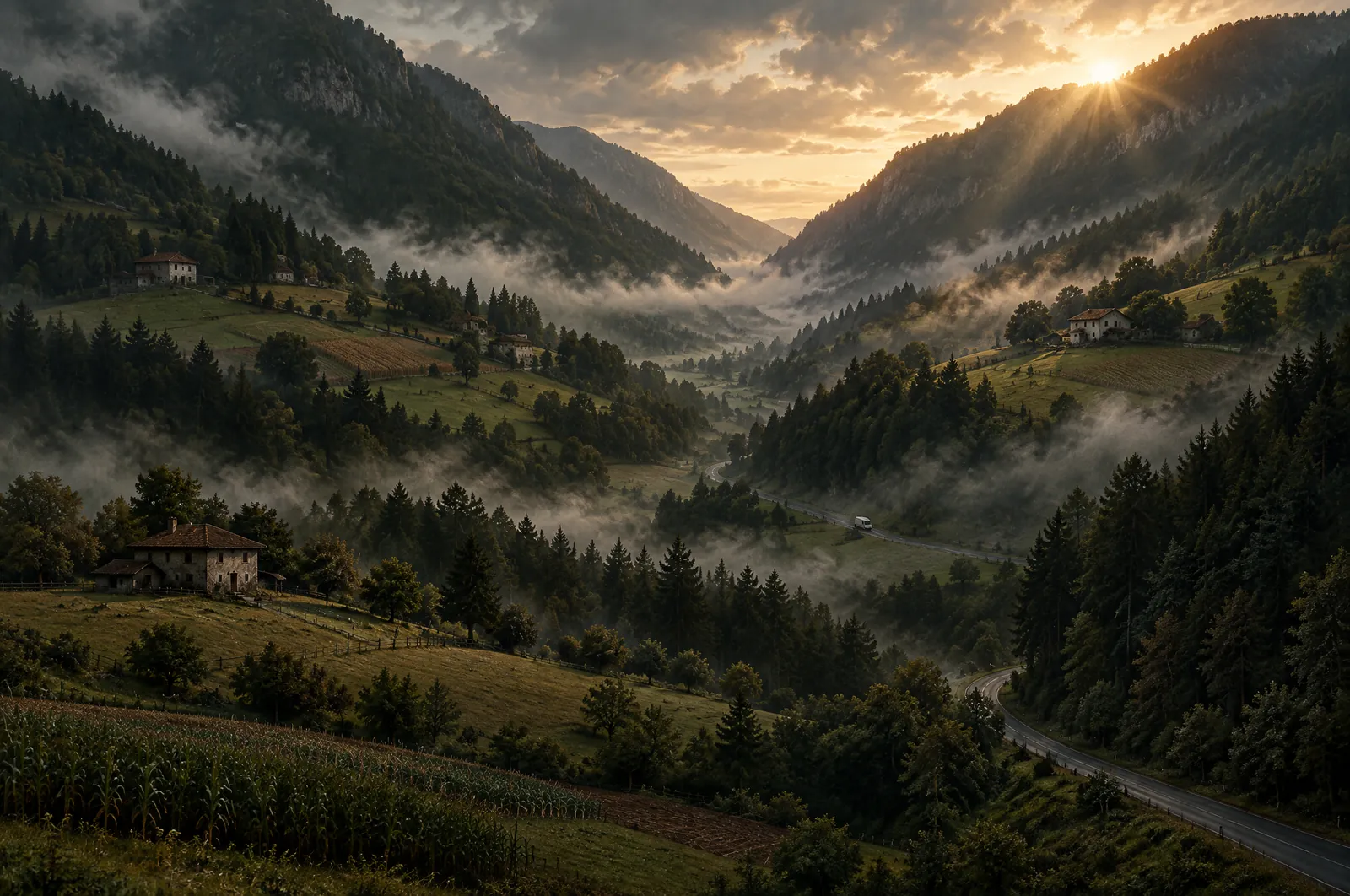 El hijo pródigo 2 Dos montañas que se unen al fondo y forman un valle sombrío al amanecer, con caseríos dispersos en las lomas, tierras de cultivo, pastos y bosques, finas carreteras de asfalto y niebla baja bajo un sol rasante.
