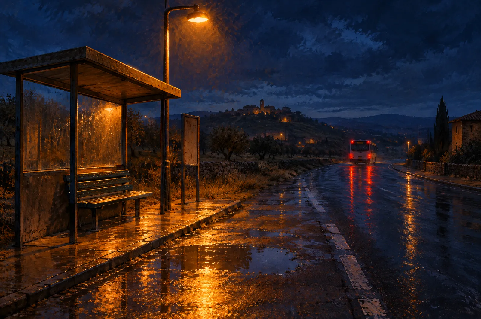 El hijo pródigo 5 Marquesina de una estación de autobuses de pueblo de noche, con un banco vacío bajo una farola de luz naranja, charcos en el asfalto y un autobús que se aleja.