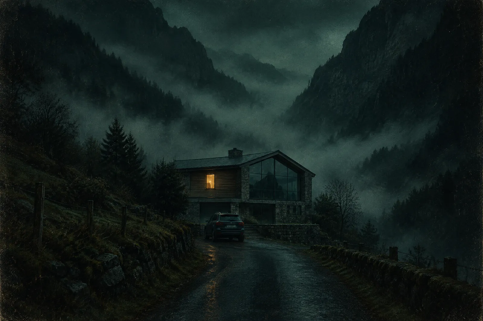 El hogar de Andrea 2 Casa moderna de dos plantas, de piedra, madera y grandes ventanales, al final de una carretera estrecha entre dos montañas, con niebla baja, un solo ventanal iluminado y un coche aparcado visto de espaldas