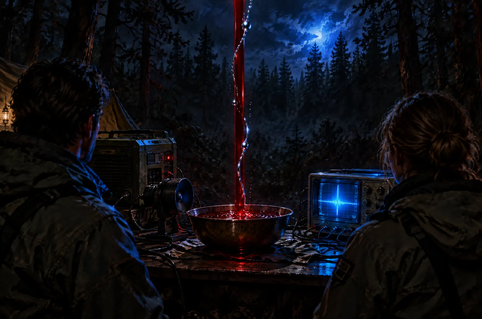 El hogar de Andrea 9 Mesa de campaña nocturna con un cuenco metálico del que se alza una columna de líquido rojo oscuro y un hilo de mercurio, con generador, cables y dos figuras de espaldas observando