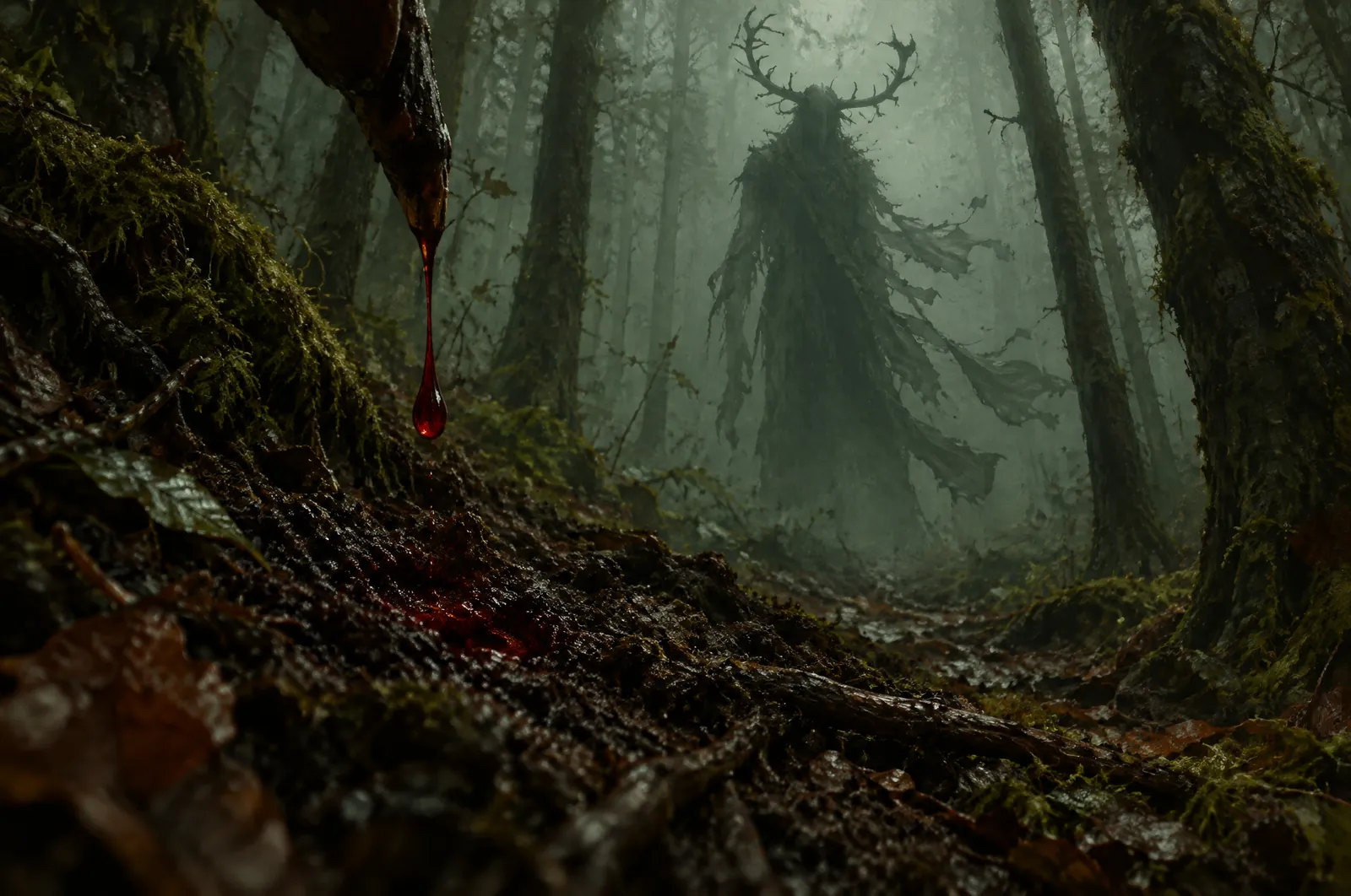 El hogar de Andrea 10 Sendero de bosque con tierra oscura que absorbe una gota roja y, al fondo entre troncos y niebla, una silueta altísima con cornamenta rota y telas que se agitan como bajo el agua