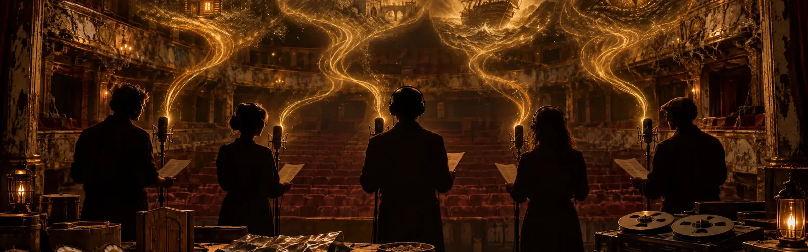 Ficción sonora en español: audioseries y radioteatro de Teatro Robótico de Misterio 1 Actores de voz de espaldas ante micrófonos antiguos en un teatro abandonado, con una mesa de efectos de sonido y ondas doradas que forman historias