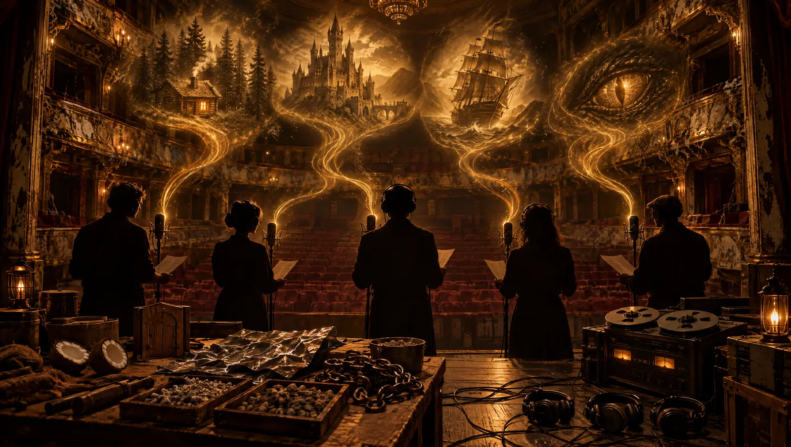 Ficción sonora en español: audioseries y radioteatro de Teatro Robótico de Misterio 2 Actores de voz de espaldas ante micrófonos antiguos en un teatro abandonado, con una mesa de efectos de sonido y ondas doradas que forman historias