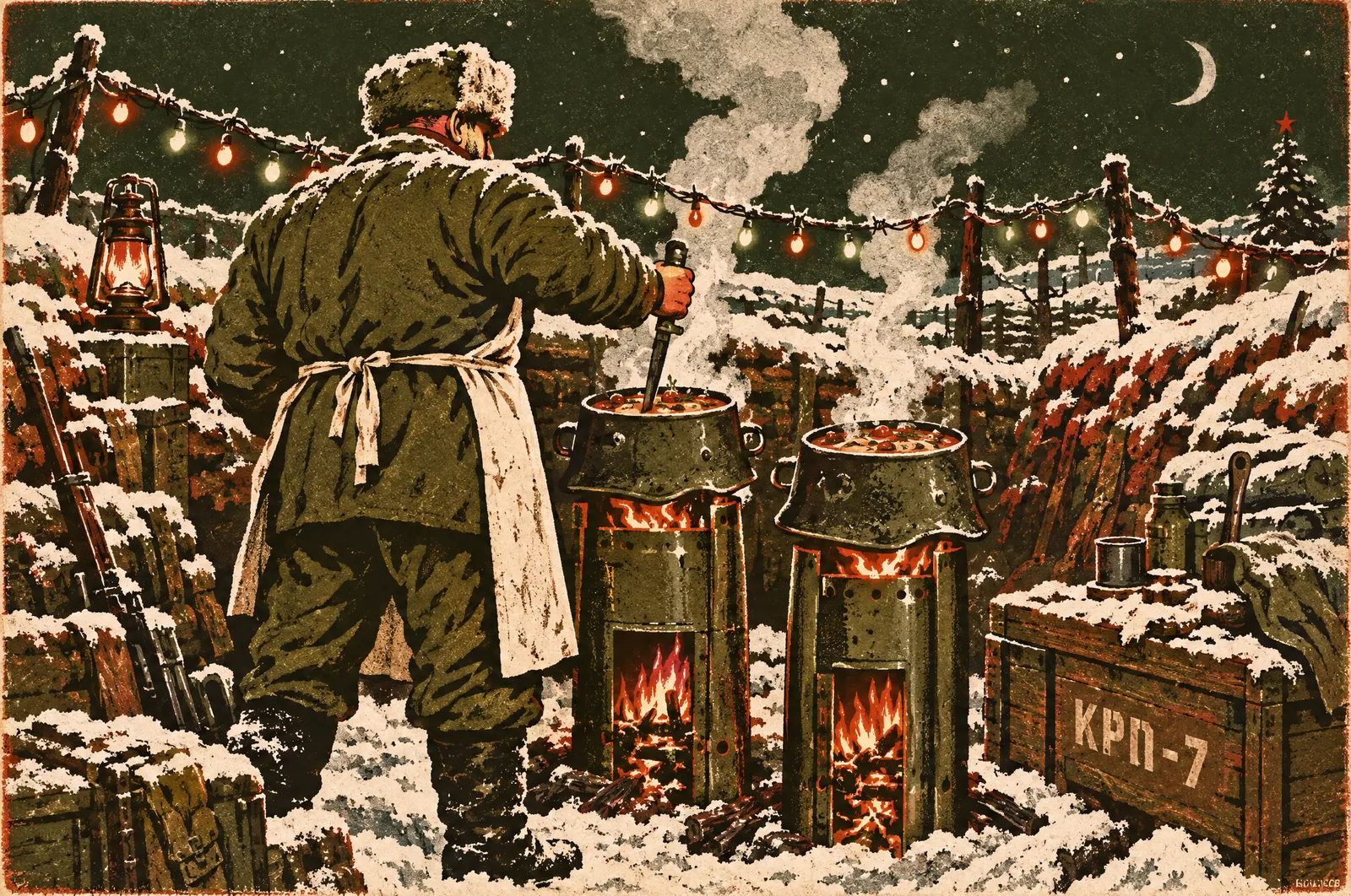 Karvacia: el archivo oficial de la República Nacional Popular 9 Cocina de campaña en una trinchera nevada: obuses abiertos como fogones y cascos de soldado como cazuelas
