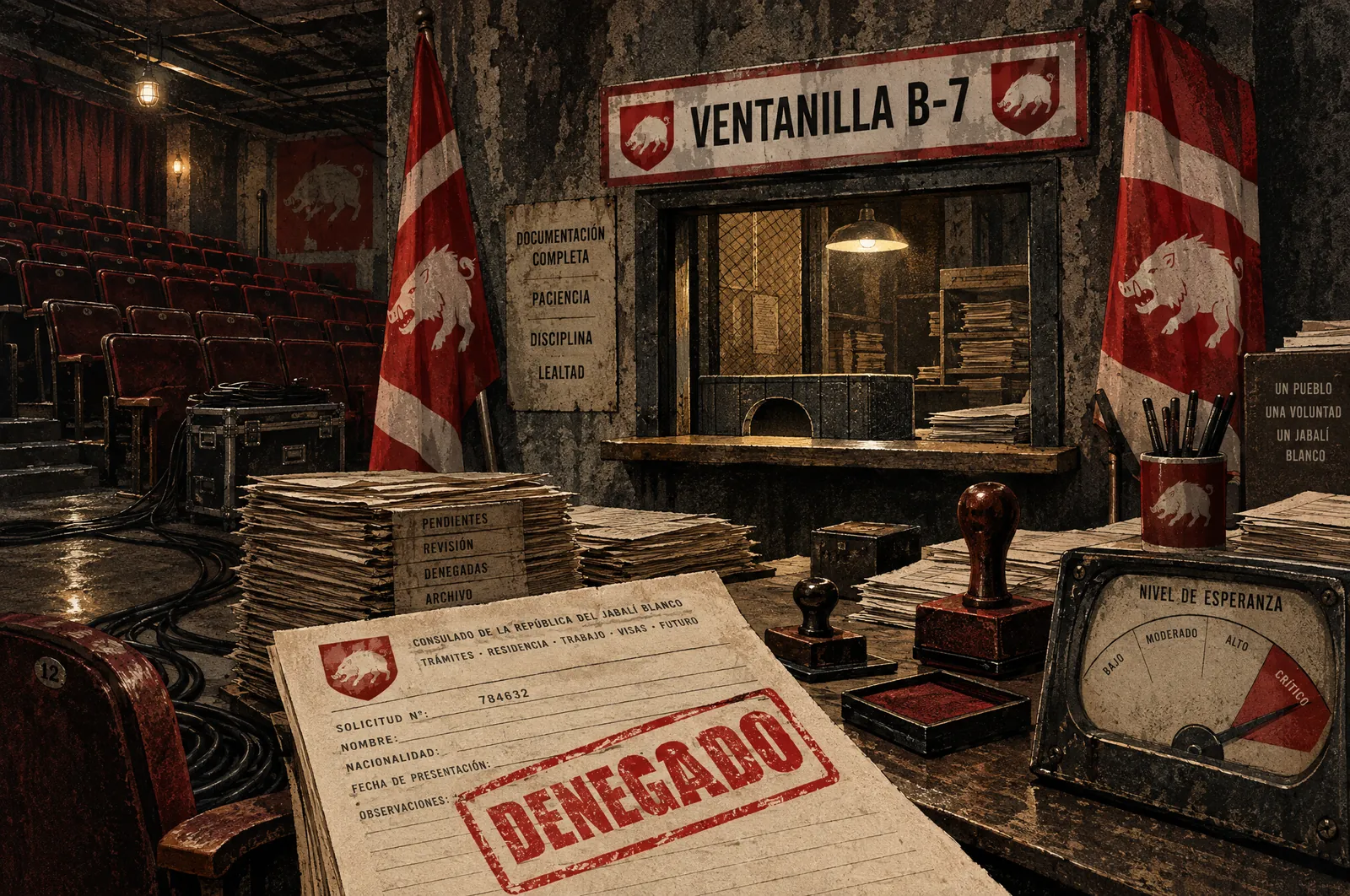 Karvacia: el archivo oficial de la República Nacional Popular 5 El sótano de un teatro convertido en consulado: ventanilla B-7, formularios, banderas inventadas y un sello rojo de denegado