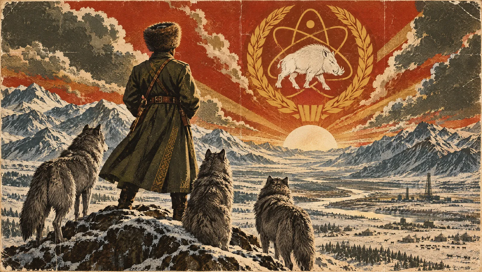 Karvacia: el archivo oficial de la República Nacional Popular 2 Ilustración de propaganda: una figura con gorro de piel, de espaldas, contempla las montañas nevadas del Alto Altai rodeada de lobos