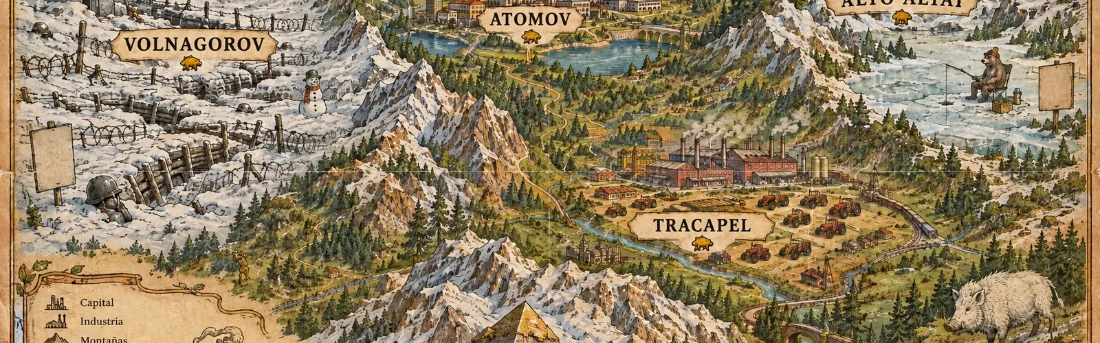 Karvacia: el archivo oficial de la República Nacional Popular 1 Mapa ilustrado de Karvacia con Atomov, Féldertek, Volnagorov, Tracapel y el Alto Altai