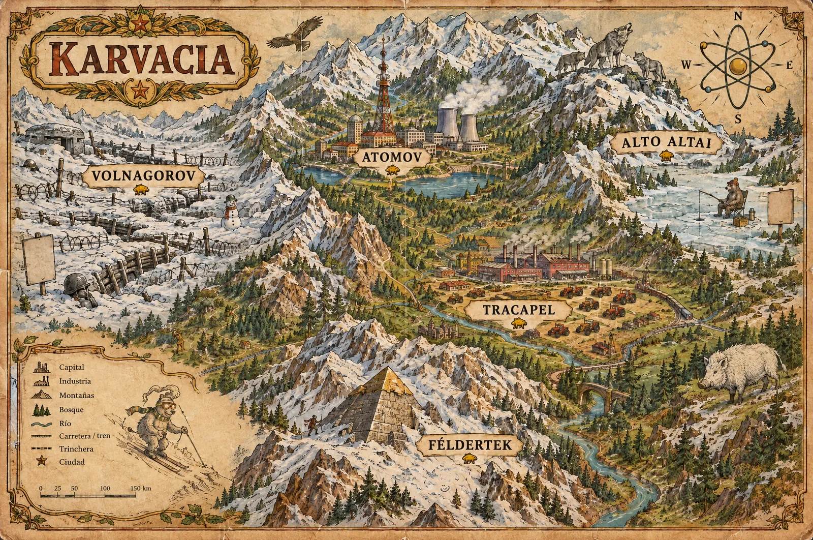 Karvacia: el archivo oficial de la República Nacional Popular 7 Mapa ilustrado y antiguo de Karvacia con Atomov, Féldertek, el Alto Altai, Volnagorov y Tracapel