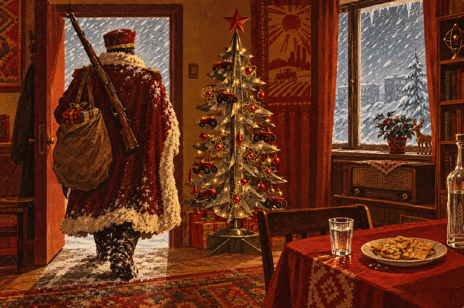 Karvacia: el archivo oficial de la República Nacional Popular 12 Salón navideño con árbol de metal y un mariscal que entra con un saco de regalos y un fusil