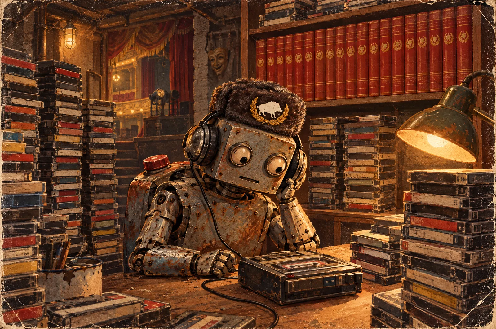 Karvacia: el archivo oficial de la República Nacional Popular 3 Un pequeño robot de chapa oxidada escucha cintas rodeado de pilas de casetes y de los 32 tomos de la autobiografía del líder