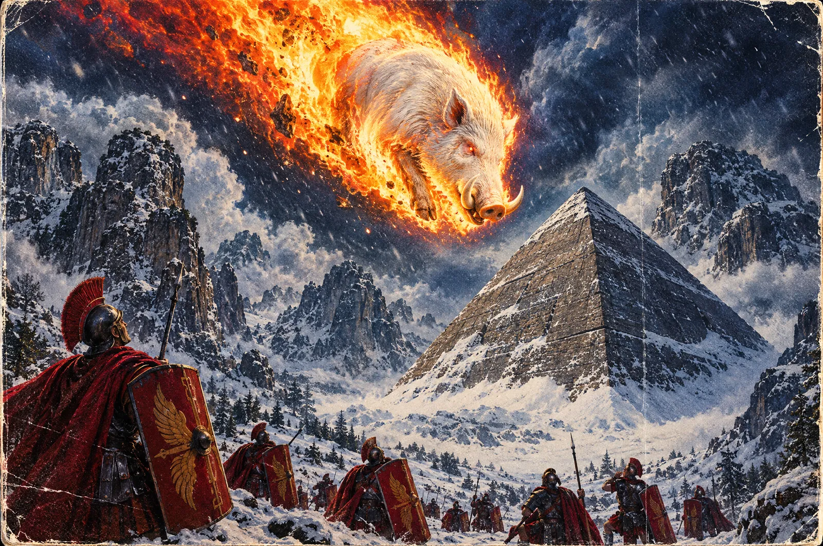 Karvacia: el archivo oficial de la República Nacional Popular 4 Una pirámide medio enterrada en una montaña nevada mientras un jabalí albino en llamas cae del cielo ante legionarios romanos