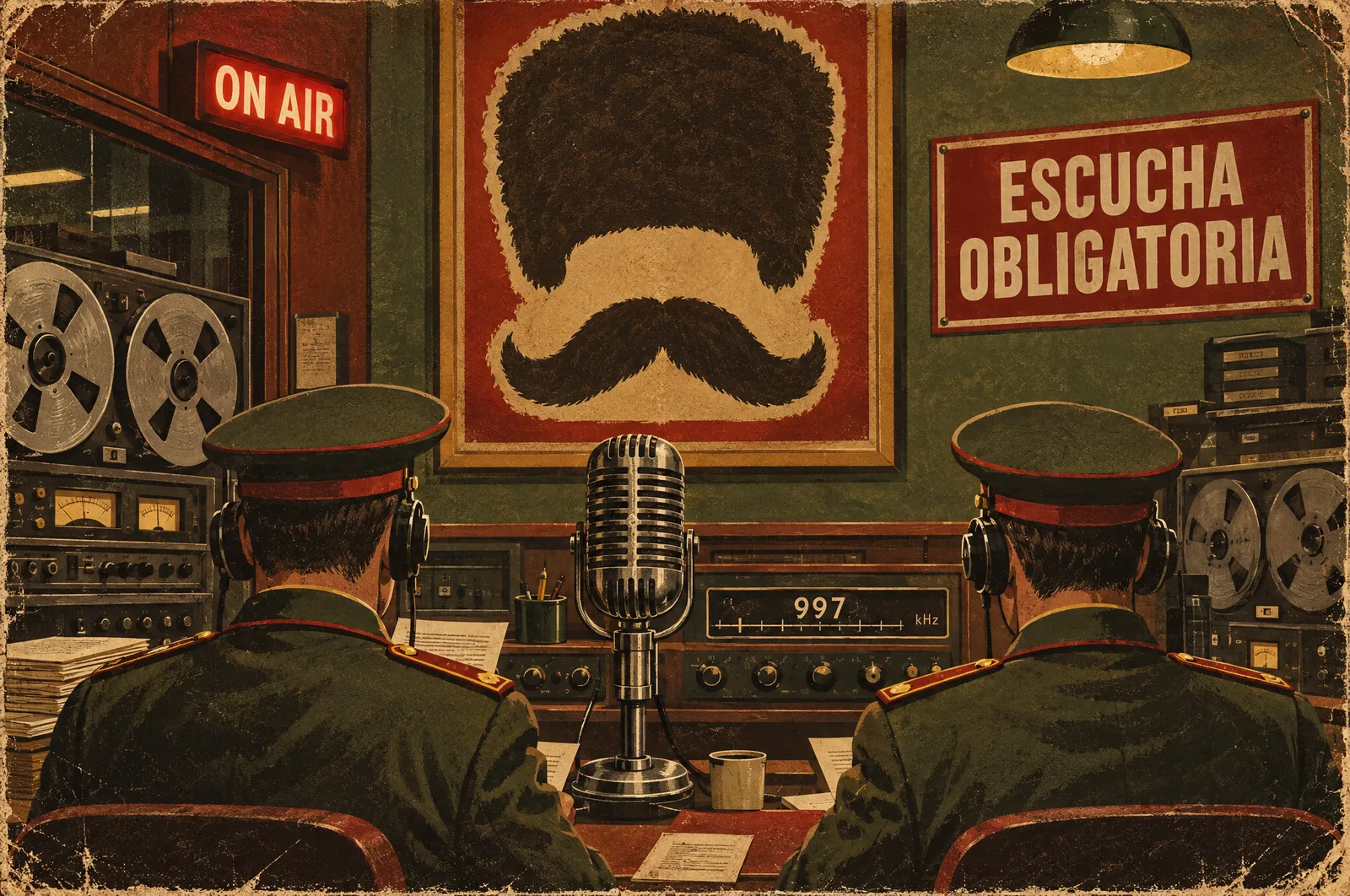 Karvacia: el archivo oficial de la República Nacional Popular 10 Estudio de Radio Nacional con micrófono antiguo y un cartel de escucha obligatoria