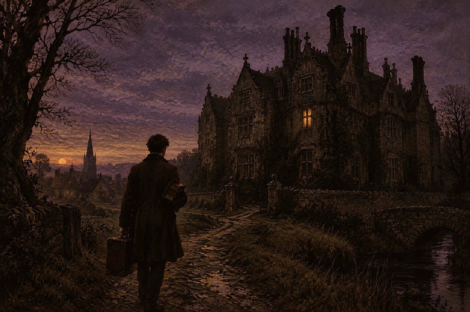 La casa del juez, de Bram Stoker 2 Una casona jacobina de muros altos, ventanas pequeñas y chimeneas torcidas al borde de un pueblo inglés, al anochecer bajo un cielo violáceo; en el camino, un joven de espaldas con una maleta y libros bajo el brazo, y una sola ventana iluminada.