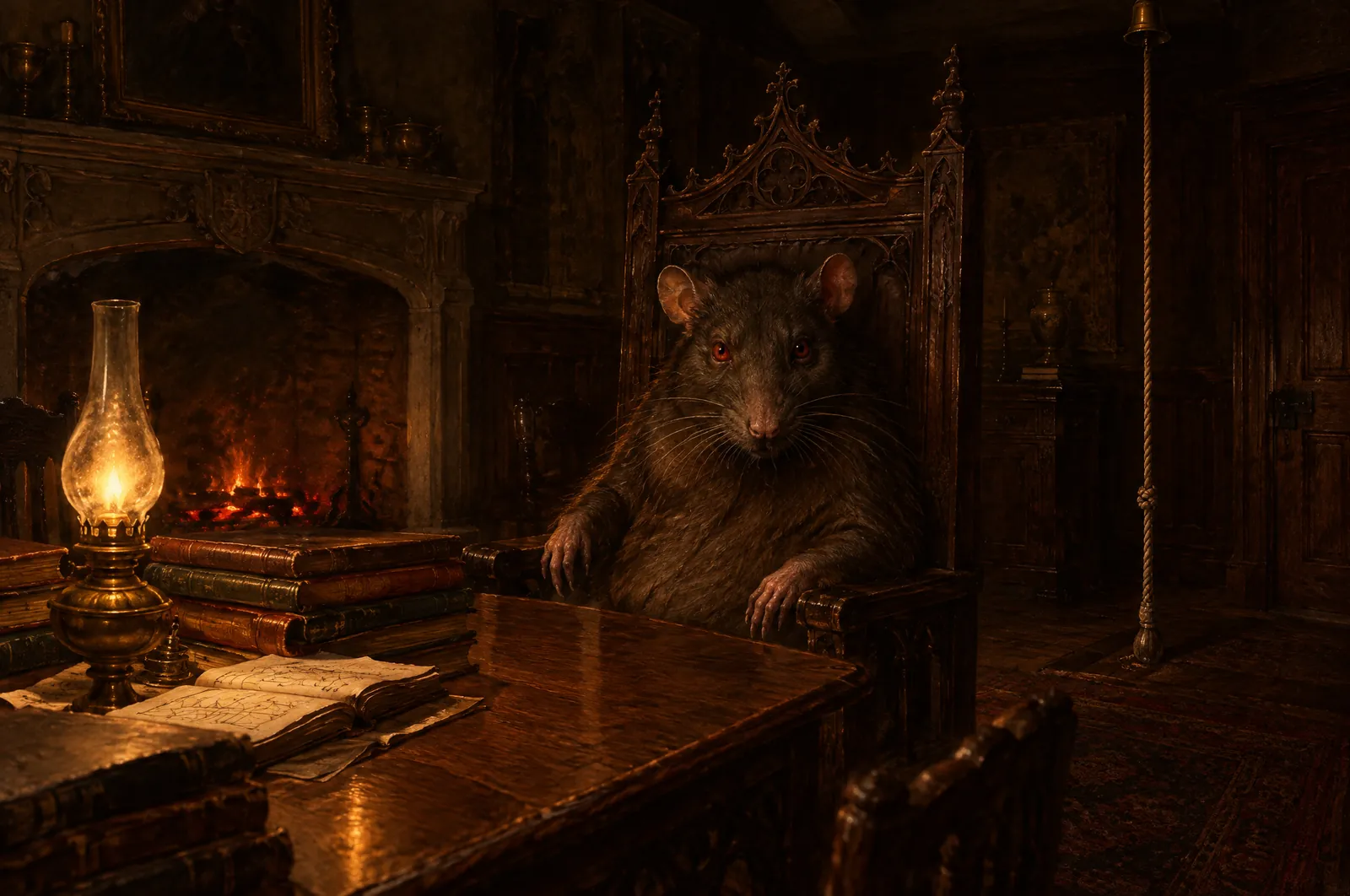 La casa del juez, de Bram Stoker 4 Un comedor con chimenea encendida, una silla de roble tallado de alto respaldo en la que se sienta una rata enorme de ojos rojizos que mira de frente, una cuerda de campana que baja del techo y una mesa con una lámpara de aceite y pilas de libros.