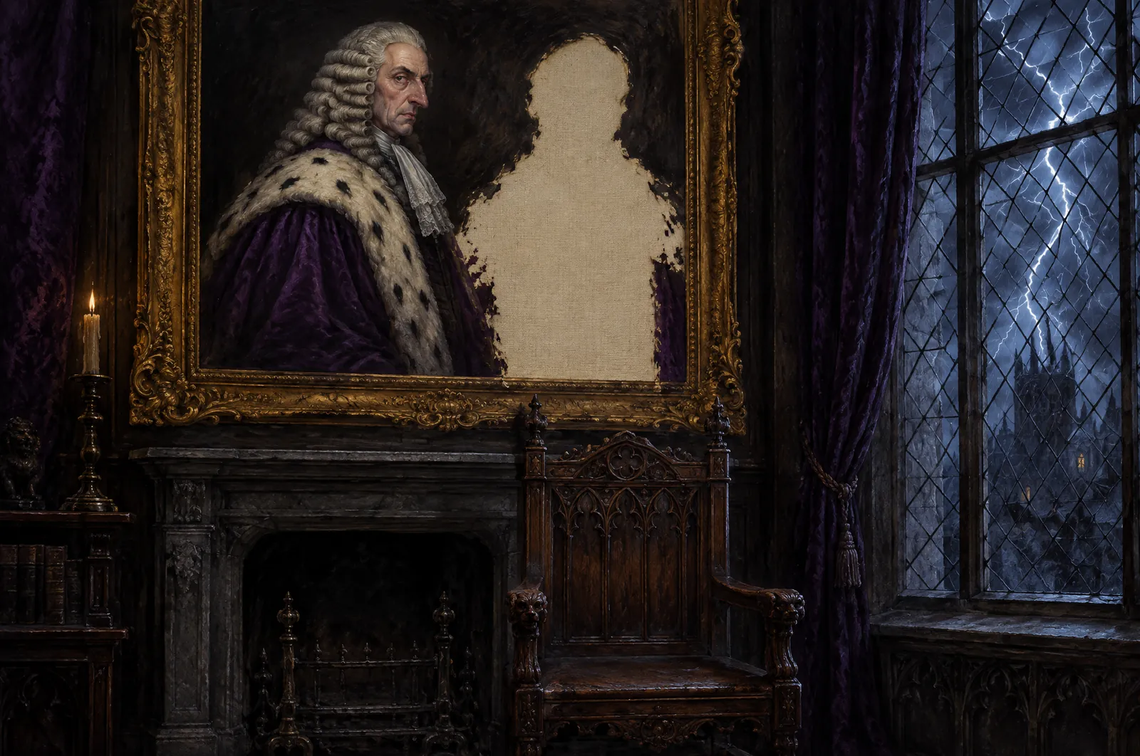 La casa del juez, de Bram Stoker 5 Retrato al óleo de un juez con ropajes púrpura y armiño y nariz de ave de presa, en el que se ve el mismo comedor de fondo y un hueco de lienzo limpio con forma de figura; ante él, una silla vacía y una tormenta tras la ventana.