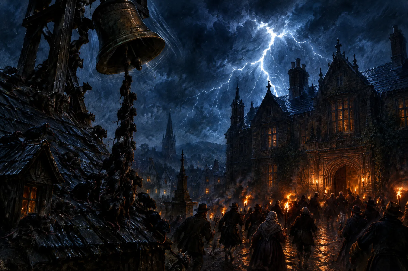 La casa del juez, de Bram Stoker 6 Noche de tormenta con la gran campana de la casa balanceándose entre relámpagos, decenas de ratas trepando por su cuerda como una cascada oscura y, abajo, vecinos con antorchas corriendo hacia la puerta de la mansión.