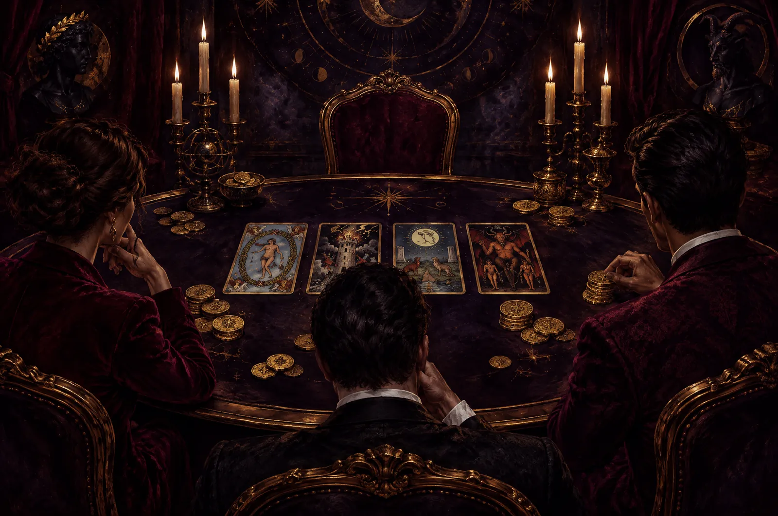 Mesa con tapete oscuro en un salón sin ventanas, con cartas de tarot y doblones antiguos, una silla vacía, tres figuras de espaldas con trajes elegantes y velas encendidas