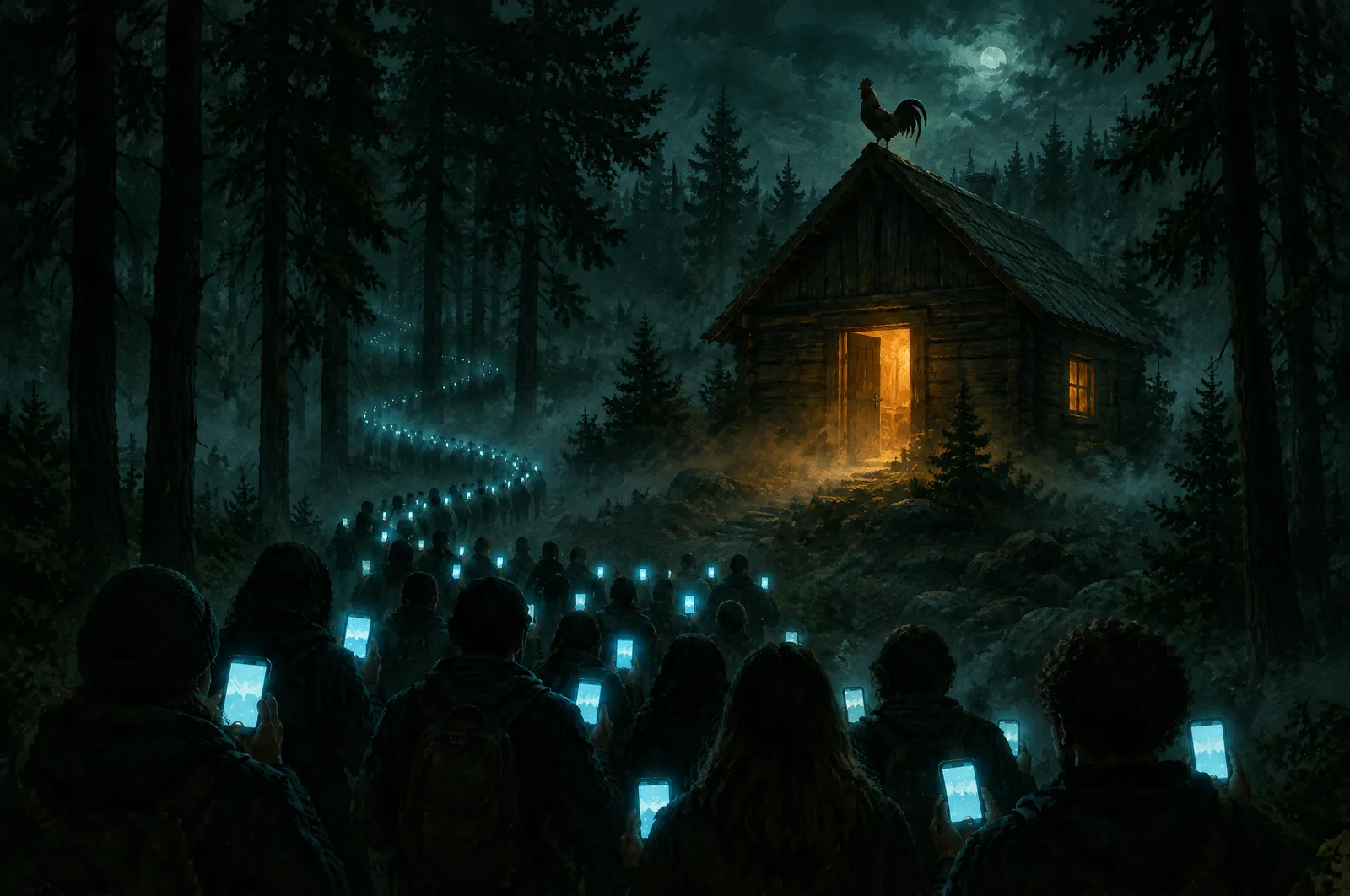 Cabaña de madera en un claro del bosque de noche, con un camino de luces de móvil entre los árboles y una multitud de siluetas de espaldas, un gallo sobre el tejado y neblina