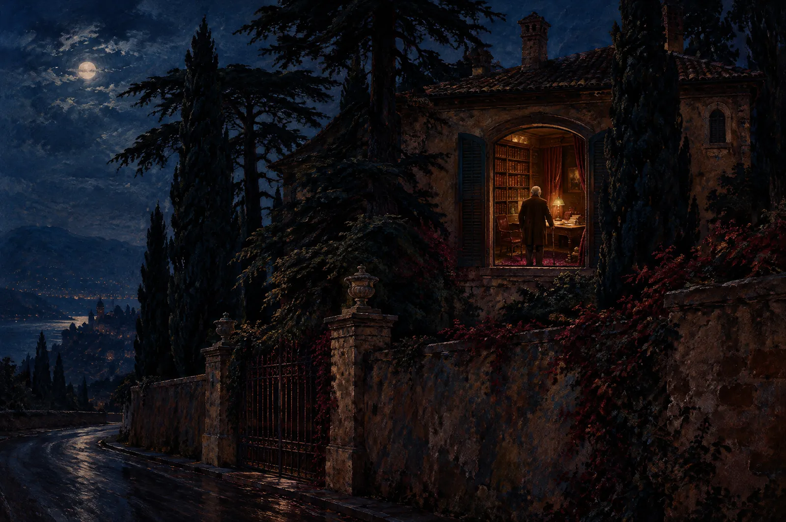 Villa amurallada entre cedros vista desde la carretera, con un solo ventanal iluminado, y una biblioteca de estanterías altas con una figura de espaldas con bastón ante una mesa