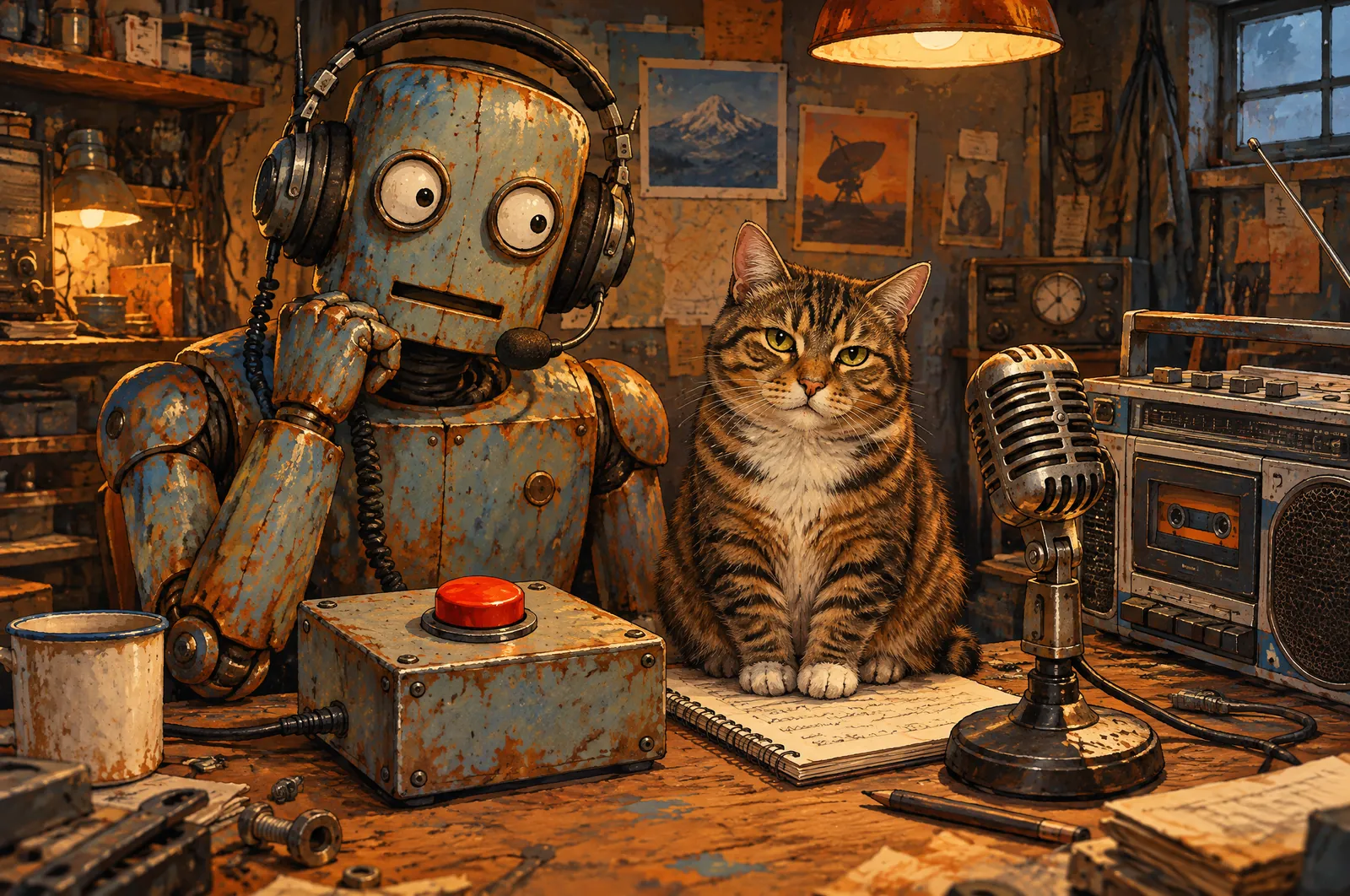 Robot de chapa oxidada con auricular de radioaficionado ante una caja con un único botón rojo, junto a un gato atigrado sentado sobre un cuaderno, con un micrófono antiguo y un radiocasete