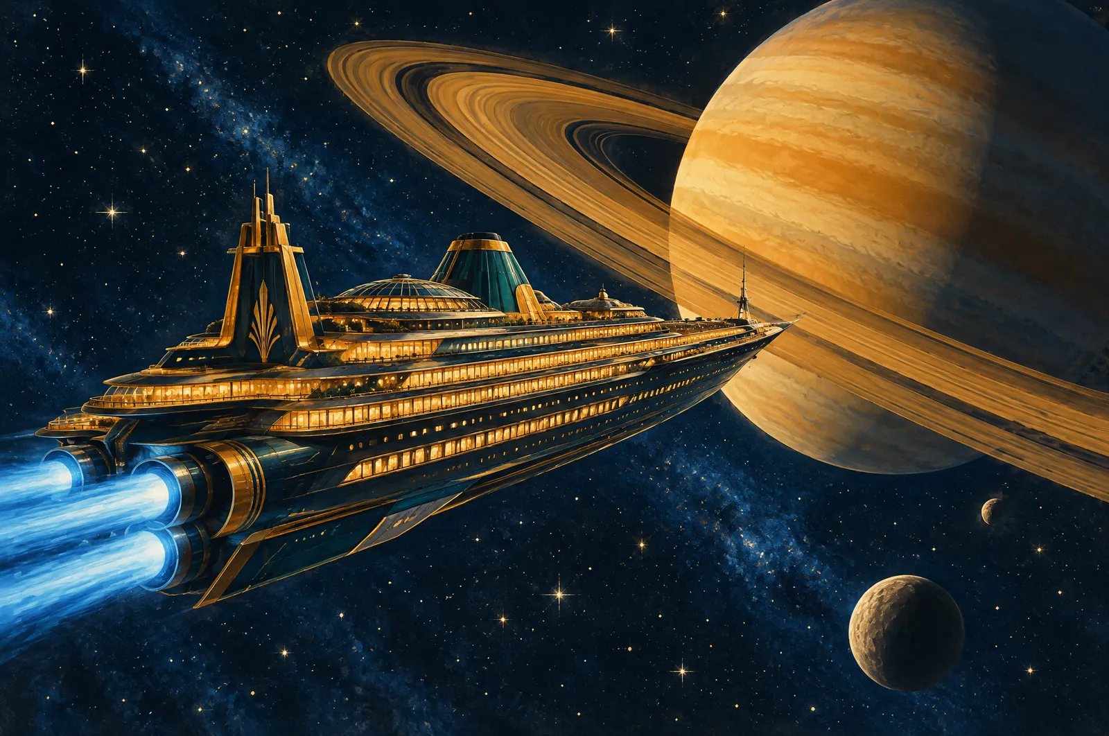 Crucero espacial alargado de aire art déco con ventanales dorados en varias cubiertas y estela azul de motores, ante Saturno con sus anillos de ámbar y un campo de estrellas, al estilo de un cartel de transatlántico de los años treinta