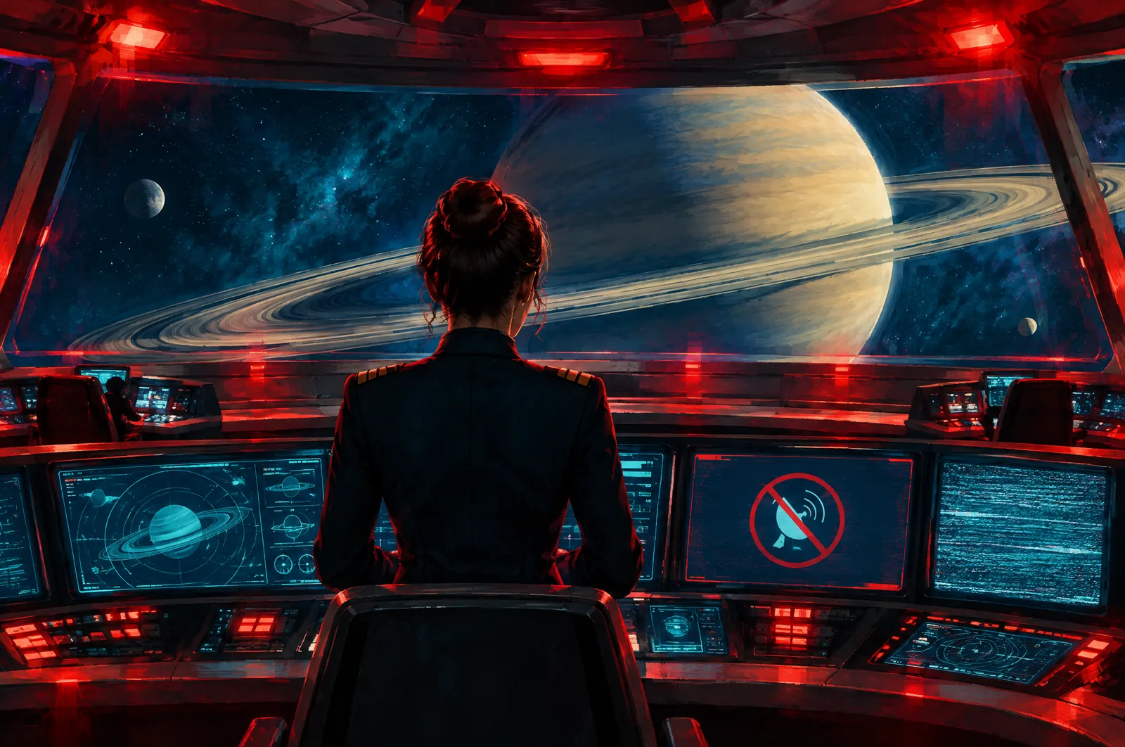 Puente de mando con un ventanal a Saturno, una capitana de espaldas frente a las pantallas, luces rojas intermitentes, líneas de vibración en el aire y una pantalla con un glifo de sin señal