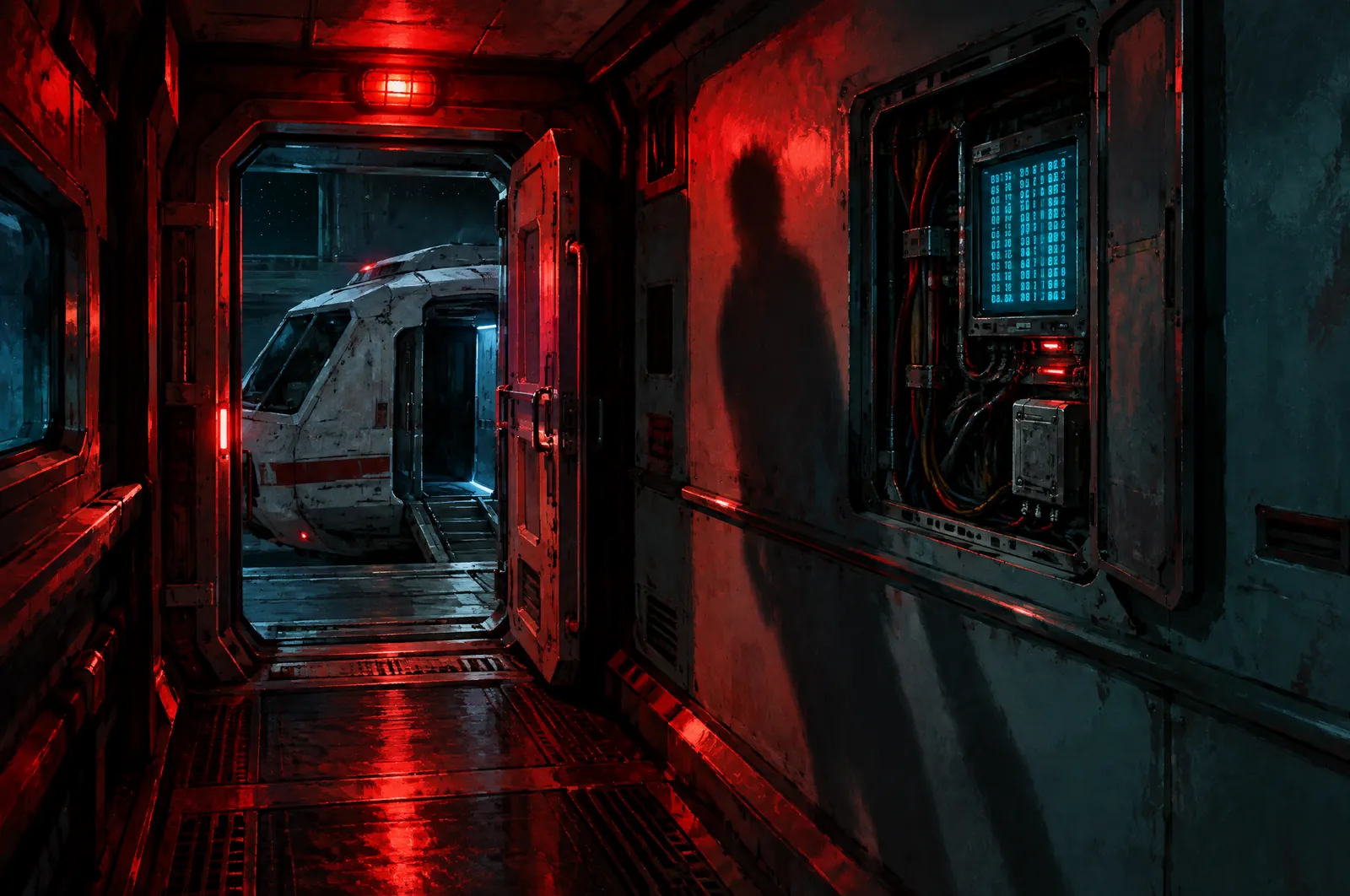 Pasillo técnico estrecho con luz roja de emergencia, una puerta abierta a la lanzadera, un panel de conexiones abierto con cables, una pantalla con columnas de cifras ilegibles y una sombra alargada sin dueño en la pared