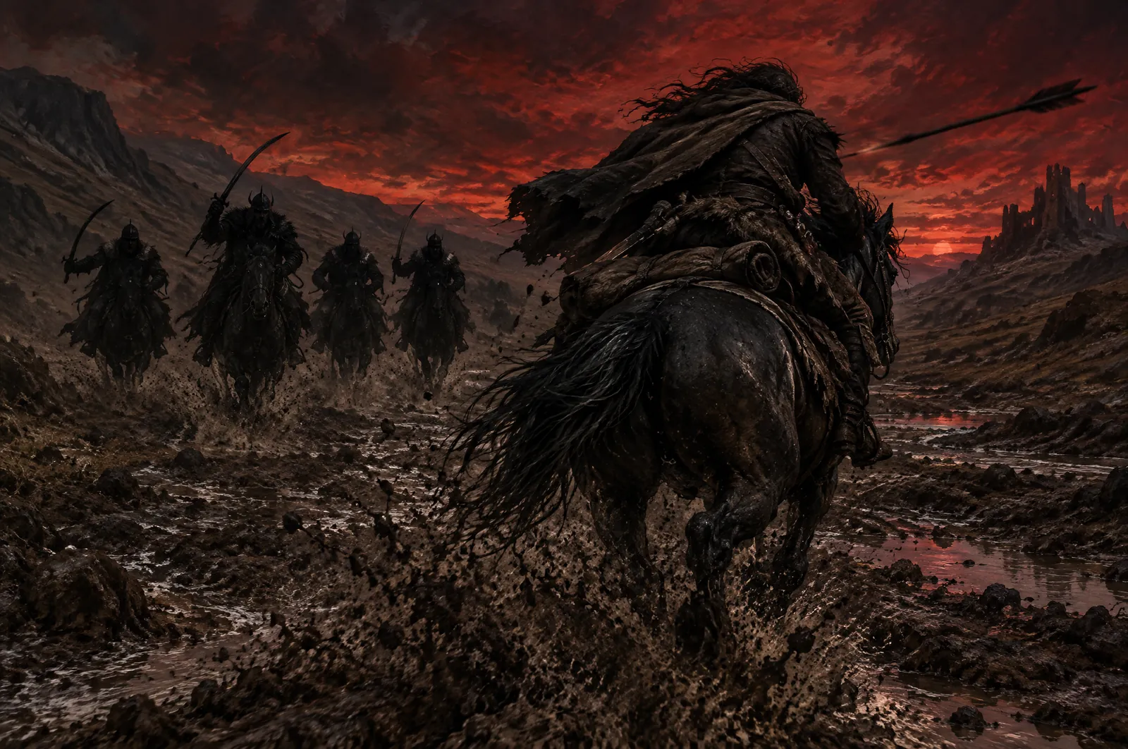 Vult, un relato heavy metal 2 Jinete de espaldas y encorvado sobre una yegua oscura a galope tendido por un valle de barro bajo un cielo rojizo de ocaso, con cuatro siluetas de jinetes con espadas curvas detrás y una flecha cruzando el encuadre