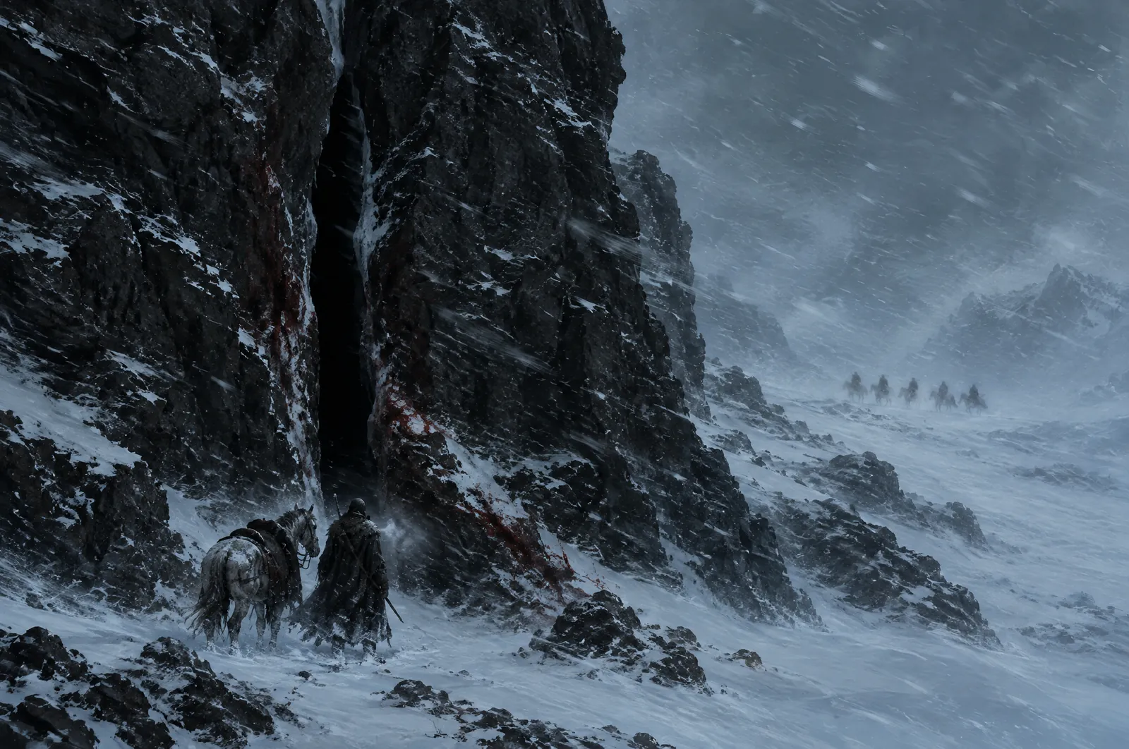 Vult, un relato heavy metal 7 Muralla natural de roca negra partida por una grieta, en plena ventisca, con un jinete y una yegua diminutos ante la entrada y, a lo lejos, una hilera de seis jinetes borrosos