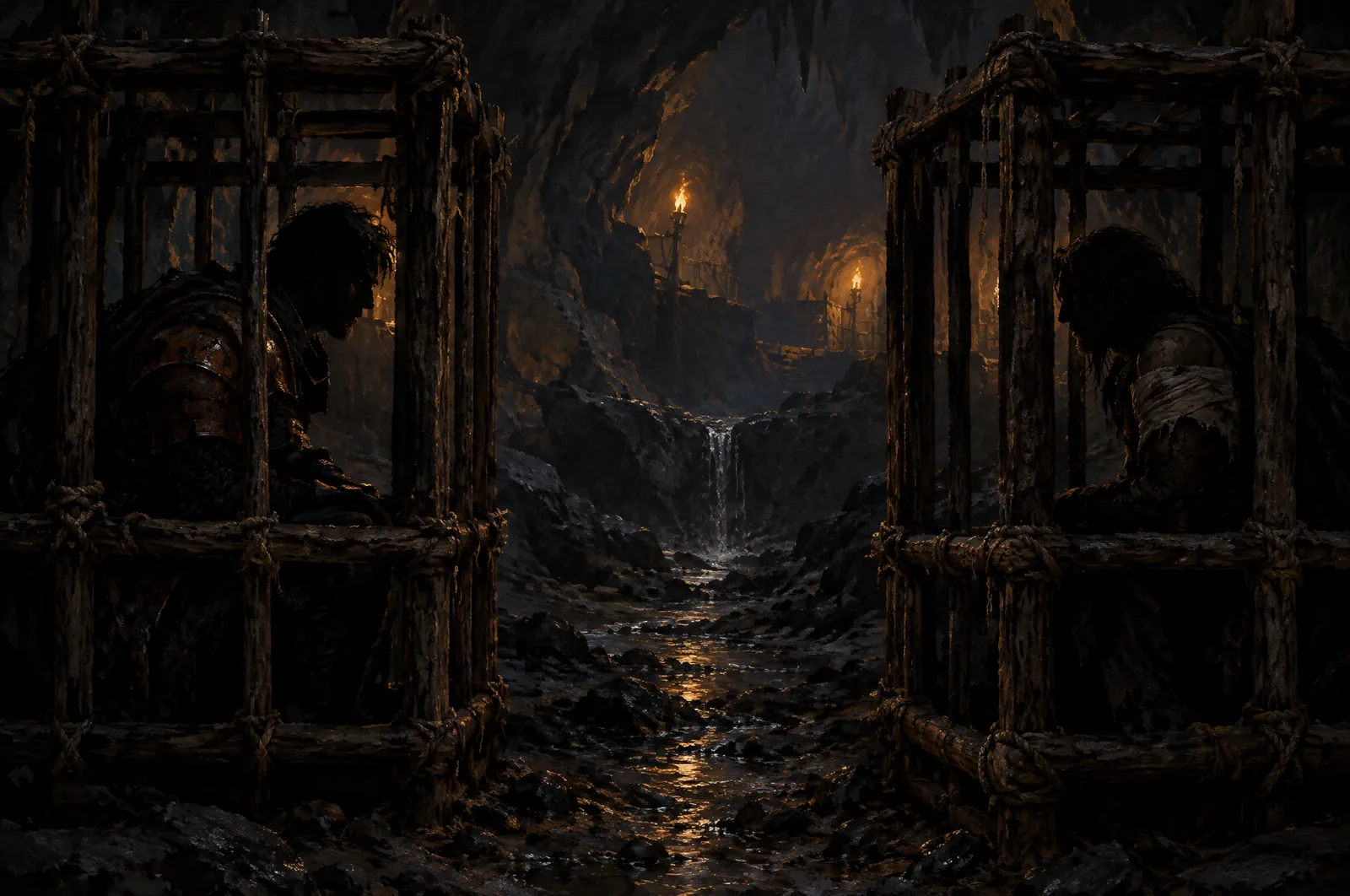 Vult, un relato heavy metal 8 Caverna iluminada por antorchas lejanas con dos celdas de madera atadas con soga, una frente a otra, y en cada una una silueta sentada